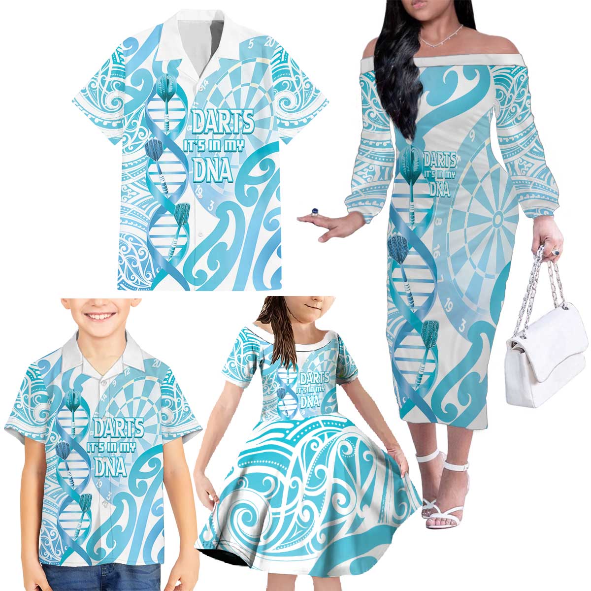 Personalised New Zealand Darts Family Matching Off The Shoulder Long Sleeve Dress and Hawaiian Shirt Aotearoa Maori Its In My DNA White - Aussie Hoodie