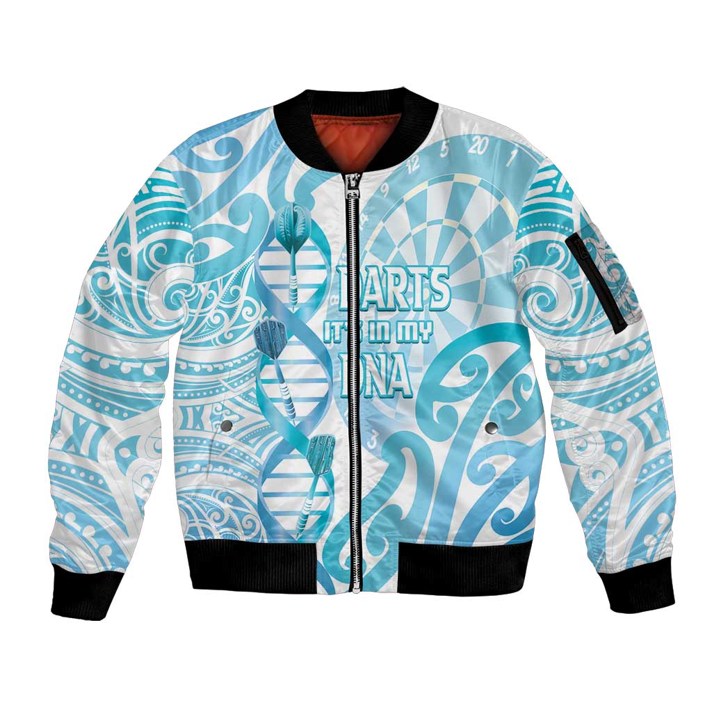 Personalised New Zealand Darts Sleeve Zip Bomber Jacket Aotearoa Maori Its In My DNA White - Aussie Hoodie