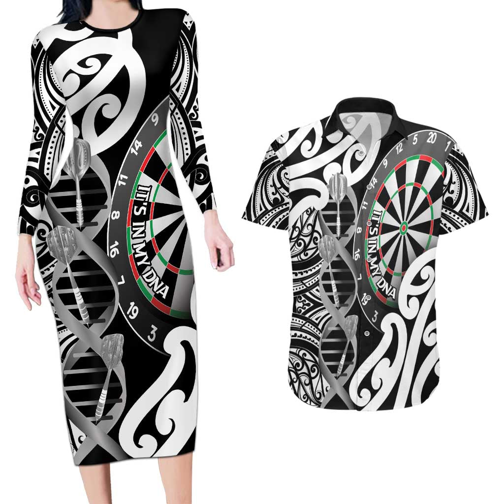 Personalised New Zealand Darts Couples Matching Long Sleeve Bodycon Dress and Hawaiian Shirt Aotearoa Maori Its In My DNA Black - Aussie Hoodie