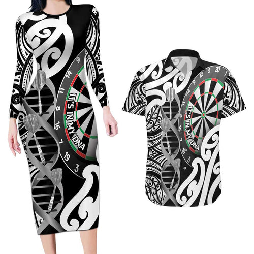 Personalised New Zealand Darts Couples Matching Long Sleeve Bodycon Dress and Hawaiian Shirt Aotearoa Maori Its In My DNA Black - Aussie Hoodie