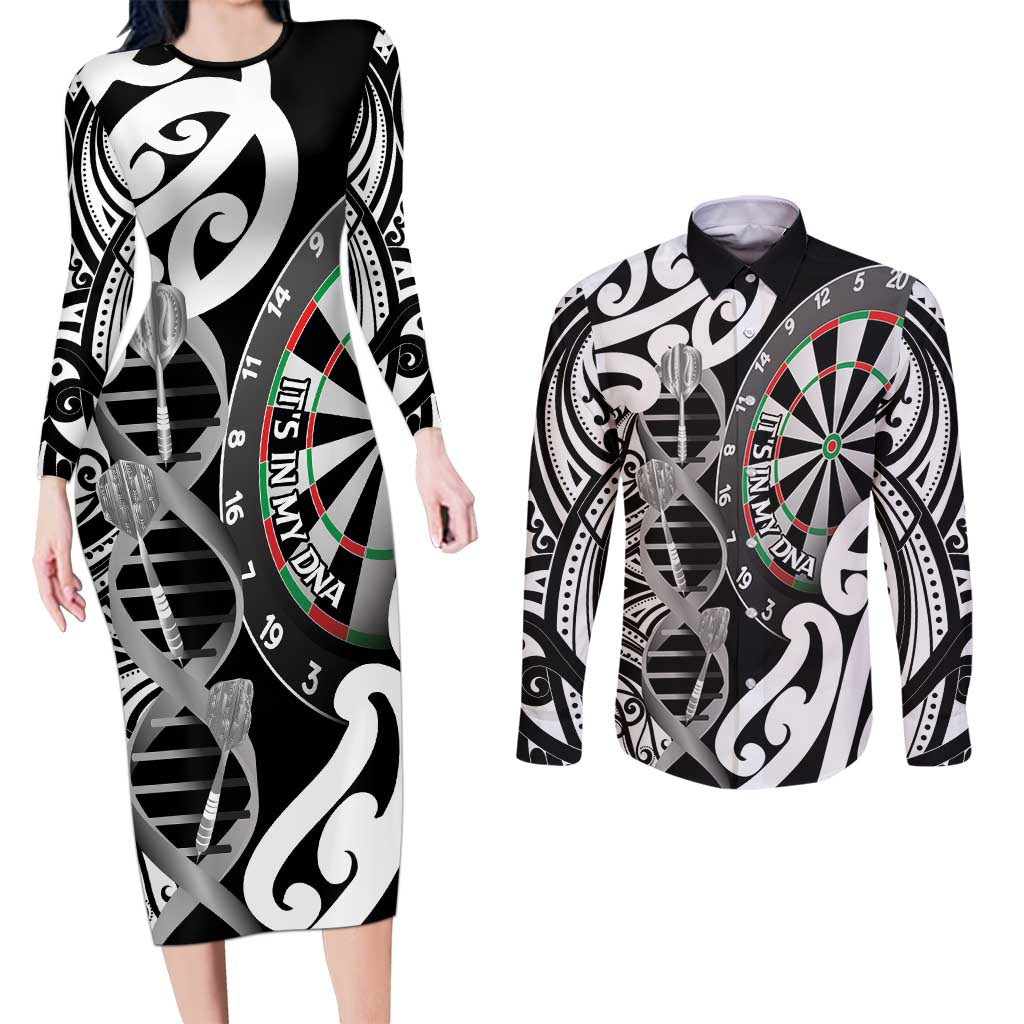 Personalised New Zealand Darts Couples Matching Long Sleeve Bodycon Dress and Long Sleeve Button Shirt Aotearoa Maori Its In My DNA Black - Aussie Hoodie