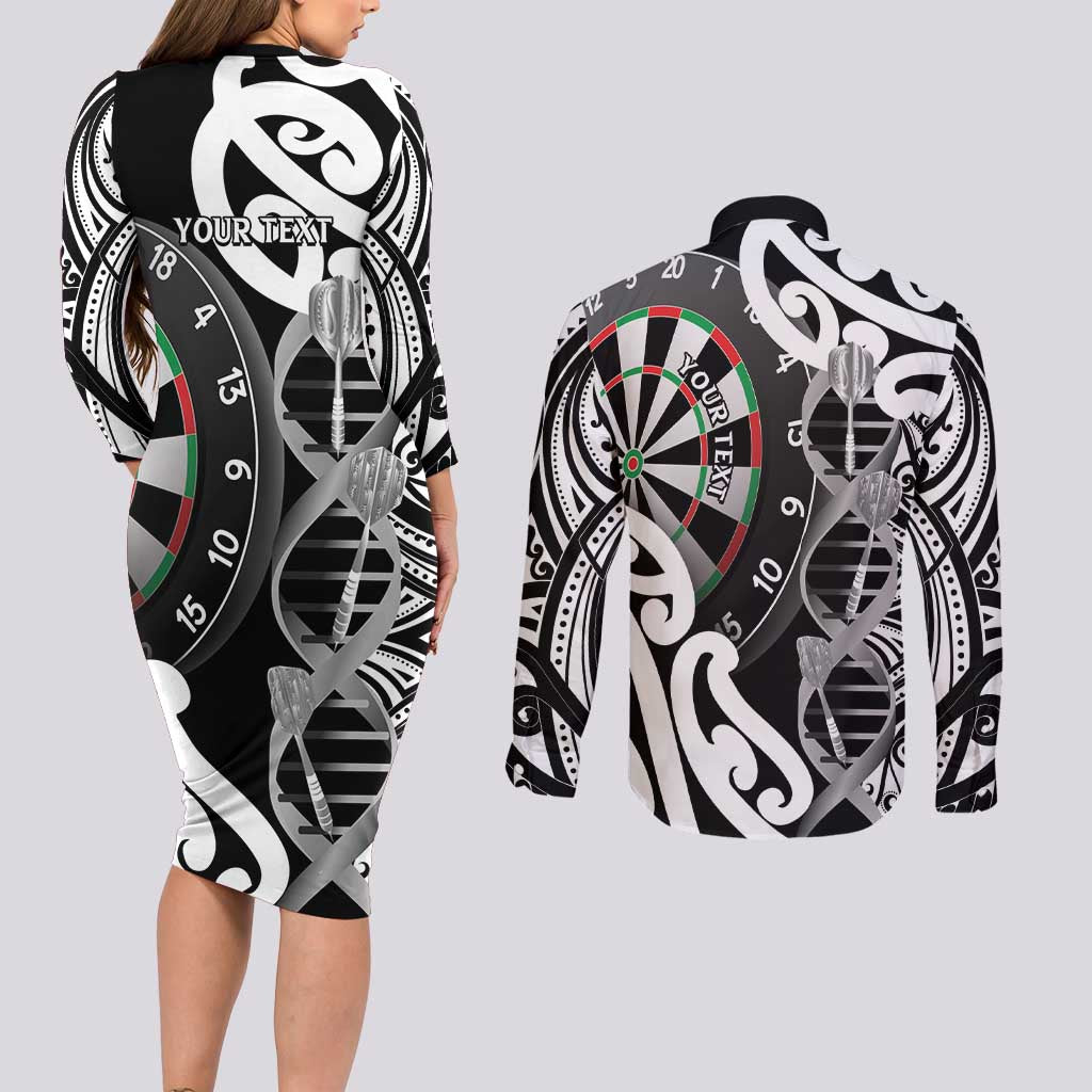 Personalised New Zealand Darts Couples Matching Long Sleeve Bodycon Dress and Long Sleeve Button Shirt Aotearoa Maori Its In My DNA Black - Aussie Hoodie