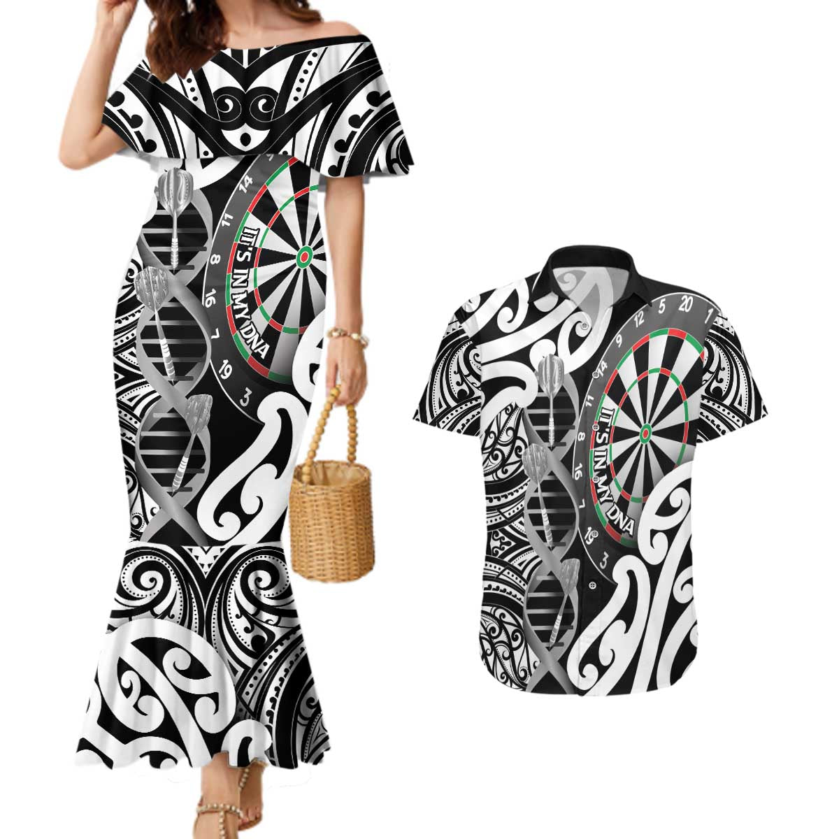 Personalised New Zealand Darts Couples Matching Mermaid Dress and Hawaiian Shirt Aotearoa Maori Its In My DNA Black - Aussie Hoodie