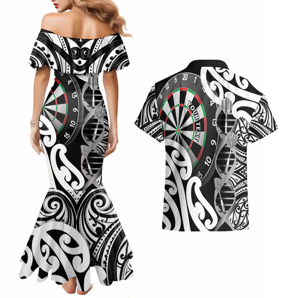 Personalised New Zealand Darts Couples Matching Mermaid Dress and Hawaiian Shirt Aotearoa Maori Its In My DNA Black - Aussie Hoodie