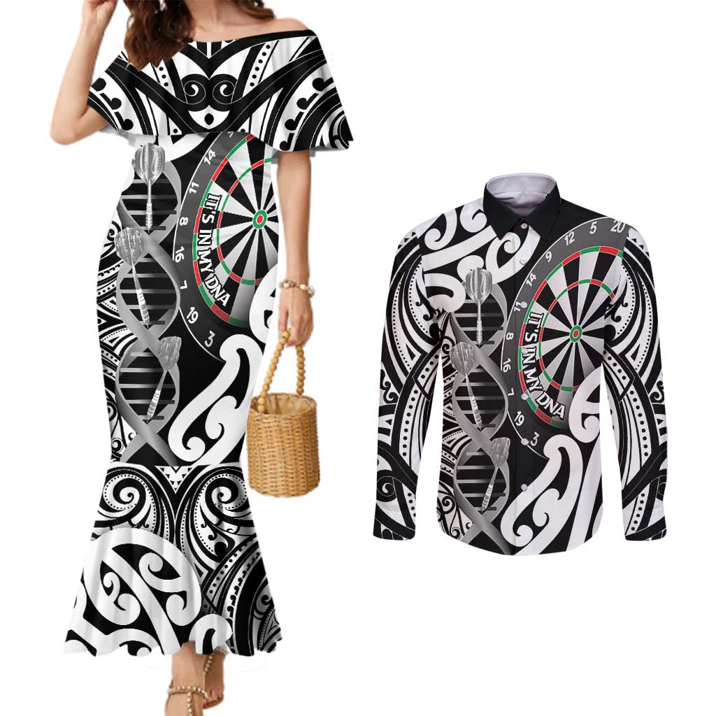 Personalised New Zealand Darts Couples Matching Mermaid Dress and Long Sleeve Button Shirt Aotearoa Maori Its In My DNA Black - Aussie Hoodie