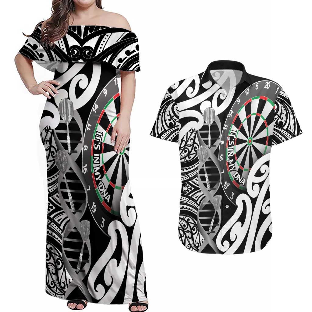 Personalised New Zealand Darts Couples Matching Off Shoulder Maxi Dress and Hawaiian Shirt Aotearoa Maori Its In My DNA Black - Aussie Hoodie