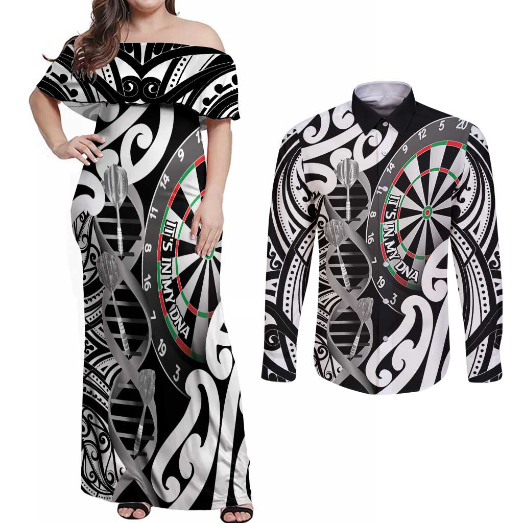 Personalised New Zealand Darts Couples Matching Off Shoulder Maxi Dress and Long Sleeve Button Shirt Aotearoa Maori Its In My DNA Black - Aussie Hoodie