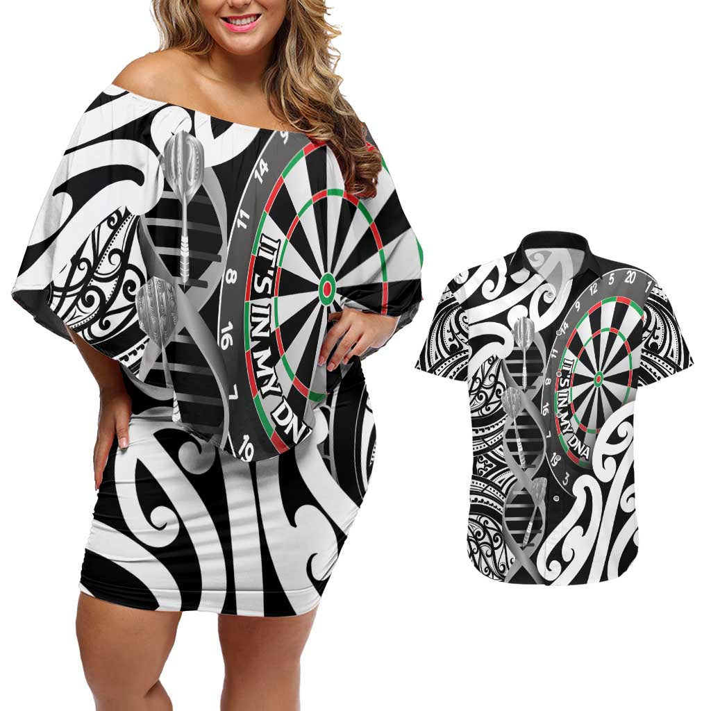 Personalised New Zealand Darts Couples Matching Off Shoulder Short Dress and Hawaiian Shirt Aotearoa Maori Its In My DNA Black - Aussie Hoodie