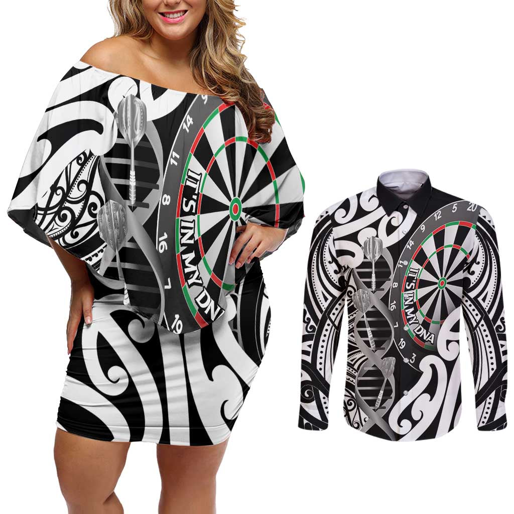 Personalised New Zealand Darts Couples Matching Off Shoulder Short Dress and Long Sleeve Button Shirt Aotearoa Maori Its In My DNA Black - Aussie Hoodie