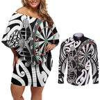 Personalised New Zealand Darts Couples Matching Off Shoulder Short Dress and Long Sleeve Button Shirt Aotearoa Maori Its In My DNA Black - Aussie Hoodie