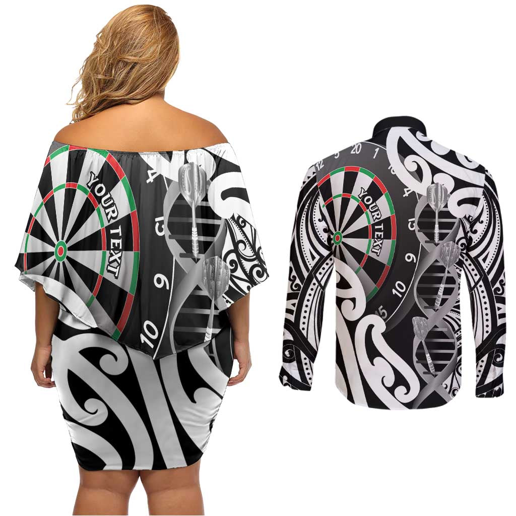 Personalised New Zealand Darts Couples Matching Off Shoulder Short Dress and Long Sleeve Button Shirt Aotearoa Maori Its In My DNA Black - Aussie Hoodie