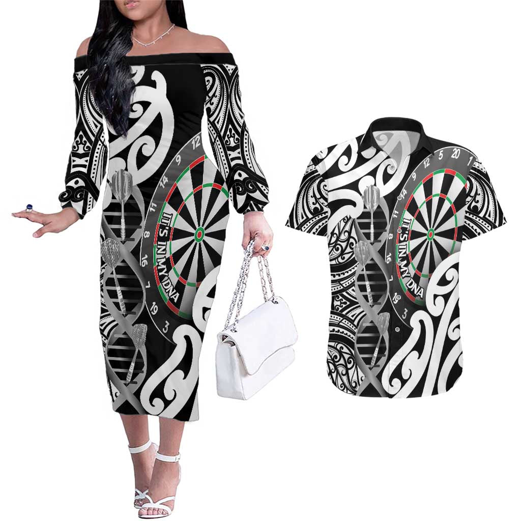 Personalised New Zealand Darts Couples Matching Off The Shoulder Long Sleeve Dress and Hawaiian Shirt Aotearoa Maori Its In My DNA Black - Aussie Hoodie