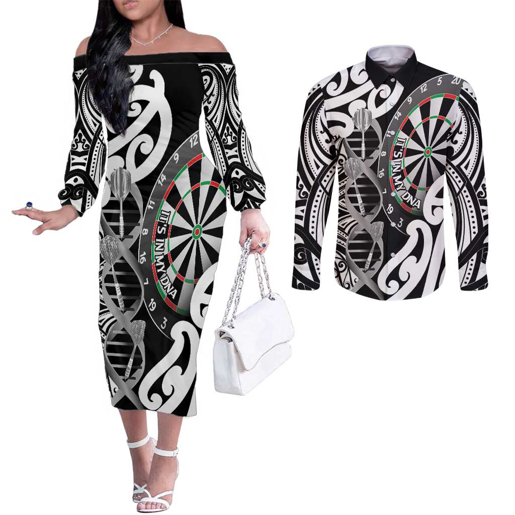 Personalised New Zealand Darts Couples Matching Off The Shoulder Long Sleeve Dress and Long Sleeve Button Shirt Aotearoa Maori Its In My DNA Black - Aussie Hoodie