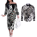 Personalised New Zealand Darts Couples Matching Off The Shoulder Long Sleeve Dress and Long Sleeve Button Shirt Aotearoa Maori Its In My DNA Black - Aussie Hoodie