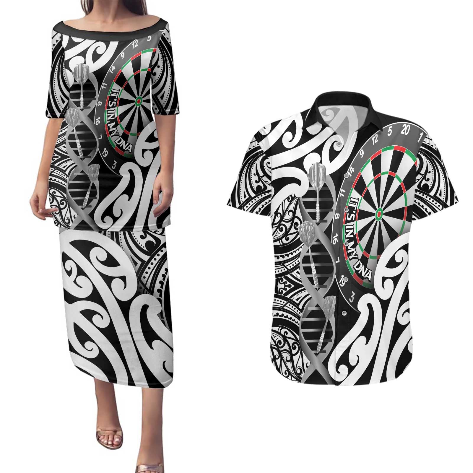 Personalised New Zealand Darts Couples Matching Puletasi and Hawaiian Shirt Aotearoa Maori Its In My DNA Black - Aussie Hoodie