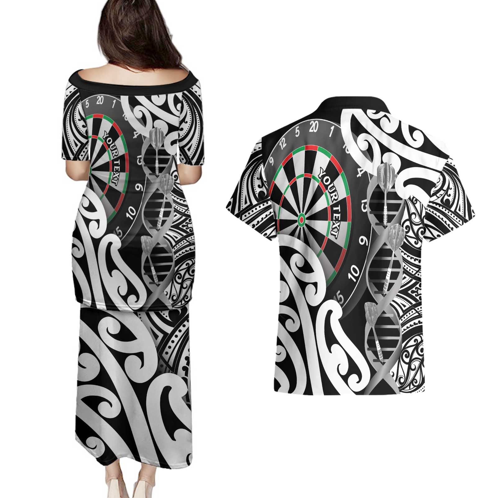 Personalised New Zealand Darts Couples Matching Puletasi and Hawaiian Shirt Aotearoa Maori Its In My DNA Black - Aussie Hoodie