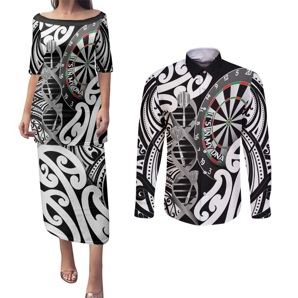 Personalised New Zealand Darts Couples Matching Puletasi and Long Sleeve Button Shirt Aotearoa Maori Its In My DNA Black - Aussie Hoodie
