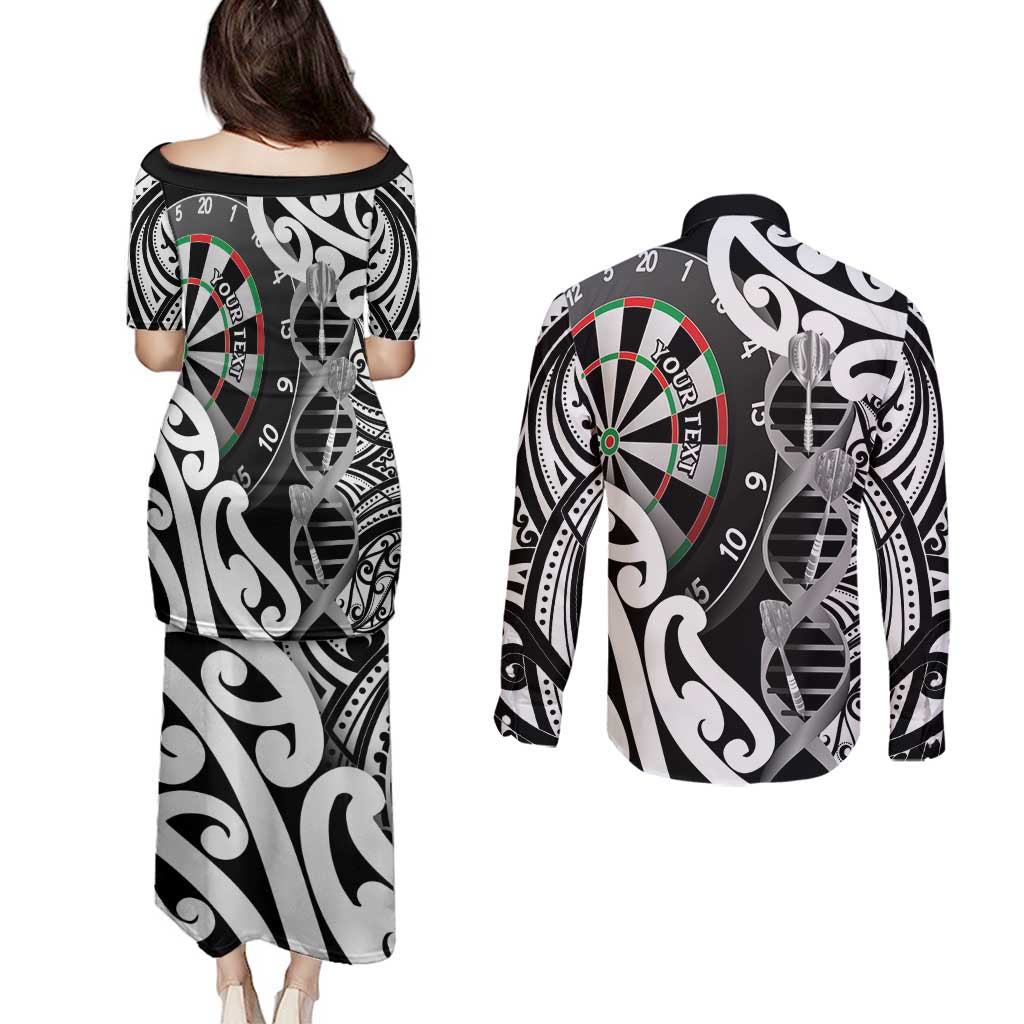 Personalised New Zealand Darts Couples Matching Puletasi and Long Sleeve Button Shirt Aotearoa Maori Its In My DNA Black - Aussie Hoodie