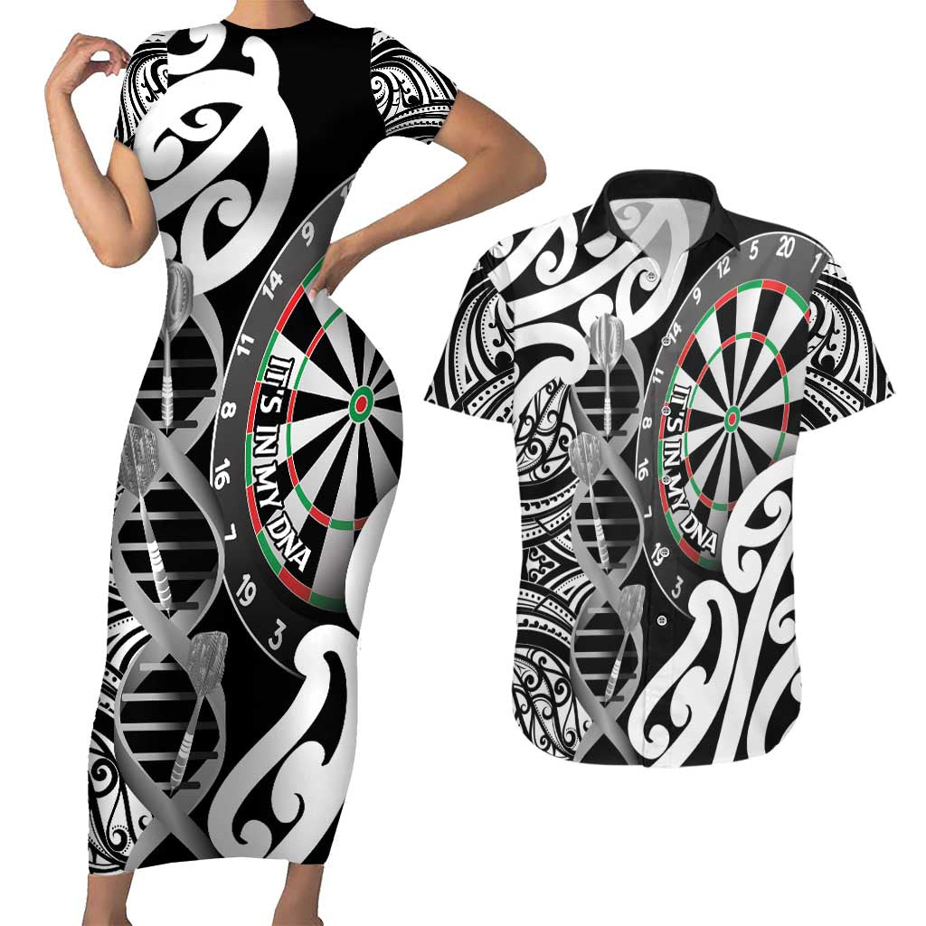 Personalised New Zealand Darts Couples Matching Short Sleeve Bodycon Dress and Hawaiian Shirt Aotearoa Maori Its In My DNA Black - Aussie Hoodie