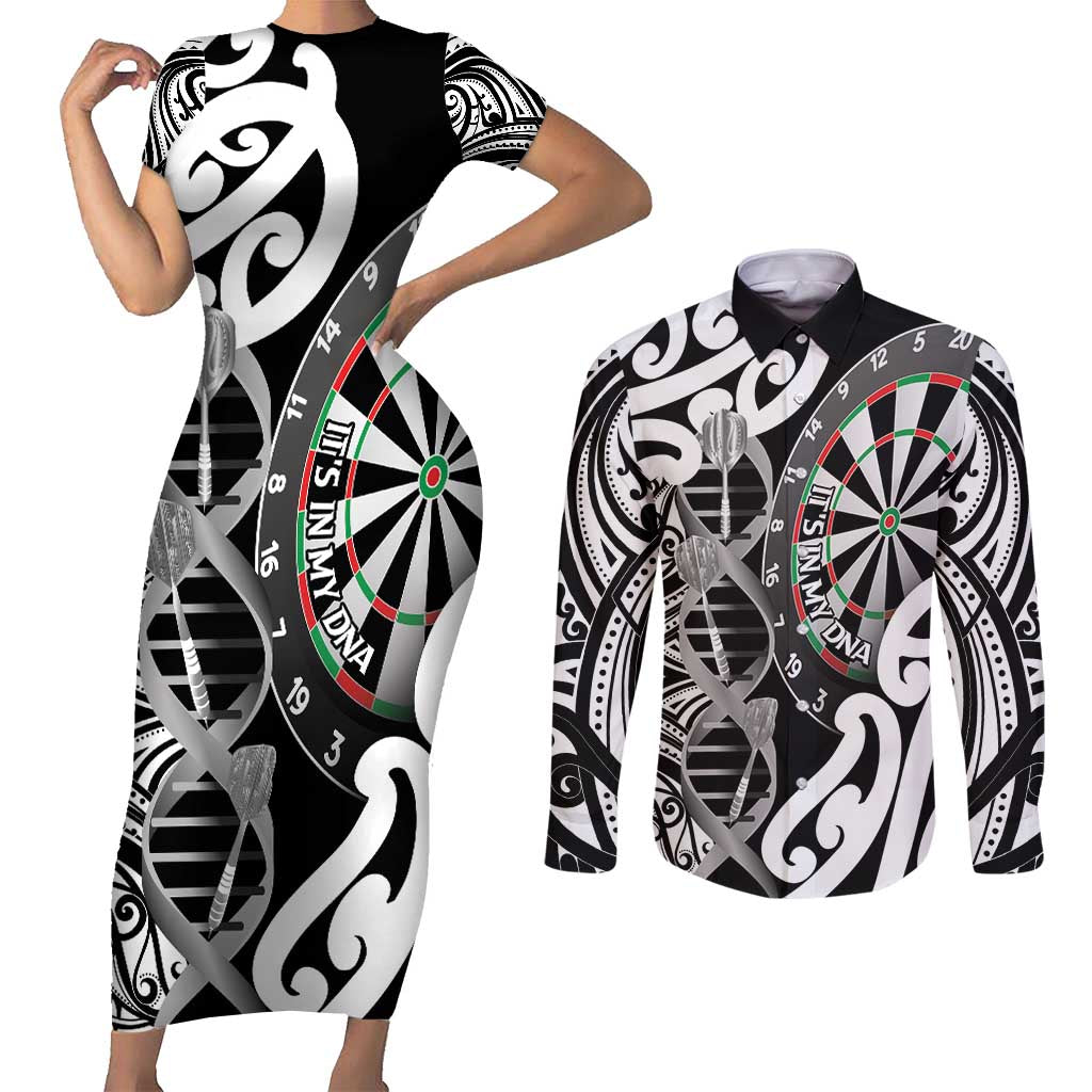 Personalised New Zealand Darts Couples Matching Short Sleeve Bodycon Dress and Long Sleeve Button Shirt Aotearoa Maori Its In My DNA Black - Aussie Hoodie