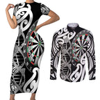 Personalised New Zealand Darts Couples Matching Short Sleeve Bodycon Dress and Long Sleeve Button Shirt Aotearoa Maori Its In My DNA Black - Aussie Hoodie