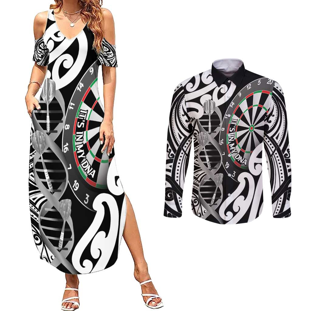 Personalised New Zealand Darts Couples Matching Summer Maxi Dress and Long Sleeve Button Shirt Aotearoa Maori Its In My DNA Black - Aussie Hoodie