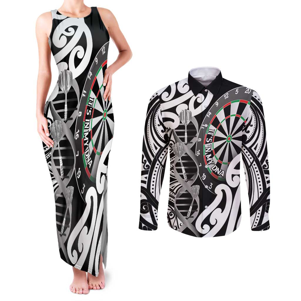 Personalised New Zealand Darts Couples Matching Tank Maxi Dress and Long Sleeve Button Shirt Aotearoa Maori Its In My DNA Black - Aussie Hoodie