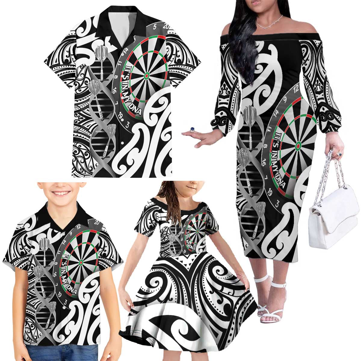 Personalised New Zealand Darts Family Matching Off The Shoulder Long Sleeve Dress and Hawaiian Shirt Aotearoa Maori Its In My DNA Black - Aussie Hoodie