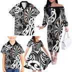 Personalised New Zealand Darts Family Matching Off The Shoulder Long Sleeve Dress and Hawaiian Shirt Aotearoa Maori Its In My DNA Black - Aussie Hoodie