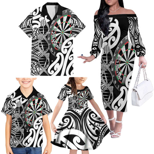 Personalised New Zealand Darts Family Matching Off The Shoulder Long Sleeve Dress and Hawaiian Shirt Aotearoa Maori Its In My DNA Black - Aussie Hoodie