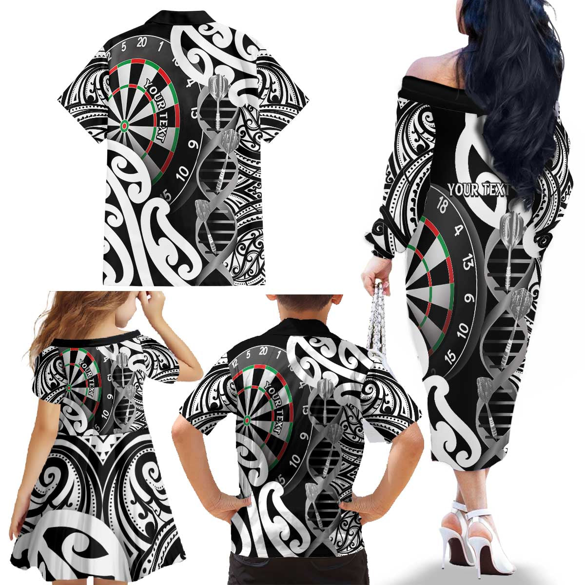 Personalised New Zealand Darts Family Matching Off The Shoulder Long Sleeve Dress and Hawaiian Shirt Aotearoa Maori Its In My DNA Black - Aussie Hoodie