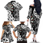 Personalised New Zealand Darts Family Matching Off The Shoulder Long Sleeve Dress and Hawaiian Shirt Aotearoa Maori Its In My DNA Black - Aussie Hoodie