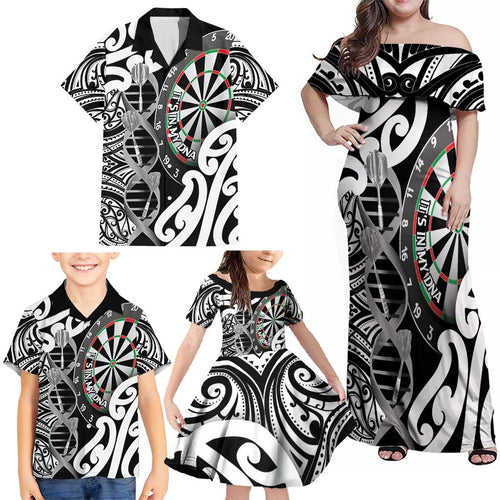 Personalised New Zealand Darts Family Matching Off Shoulder Maxi Dress and Hawaiian Shirt Aotearoa Maori Its In My DNA Black - Aussie Hoodie