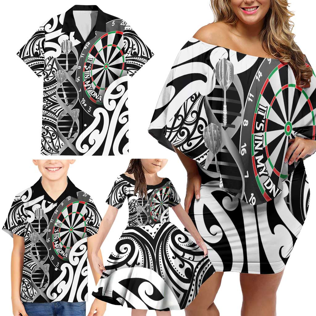 Personalised New Zealand Darts Family Matching Off Shoulder Short Dress and Hawaiian Shirt Aotearoa Maori Its In My DNA Black - Aussie Hoodie