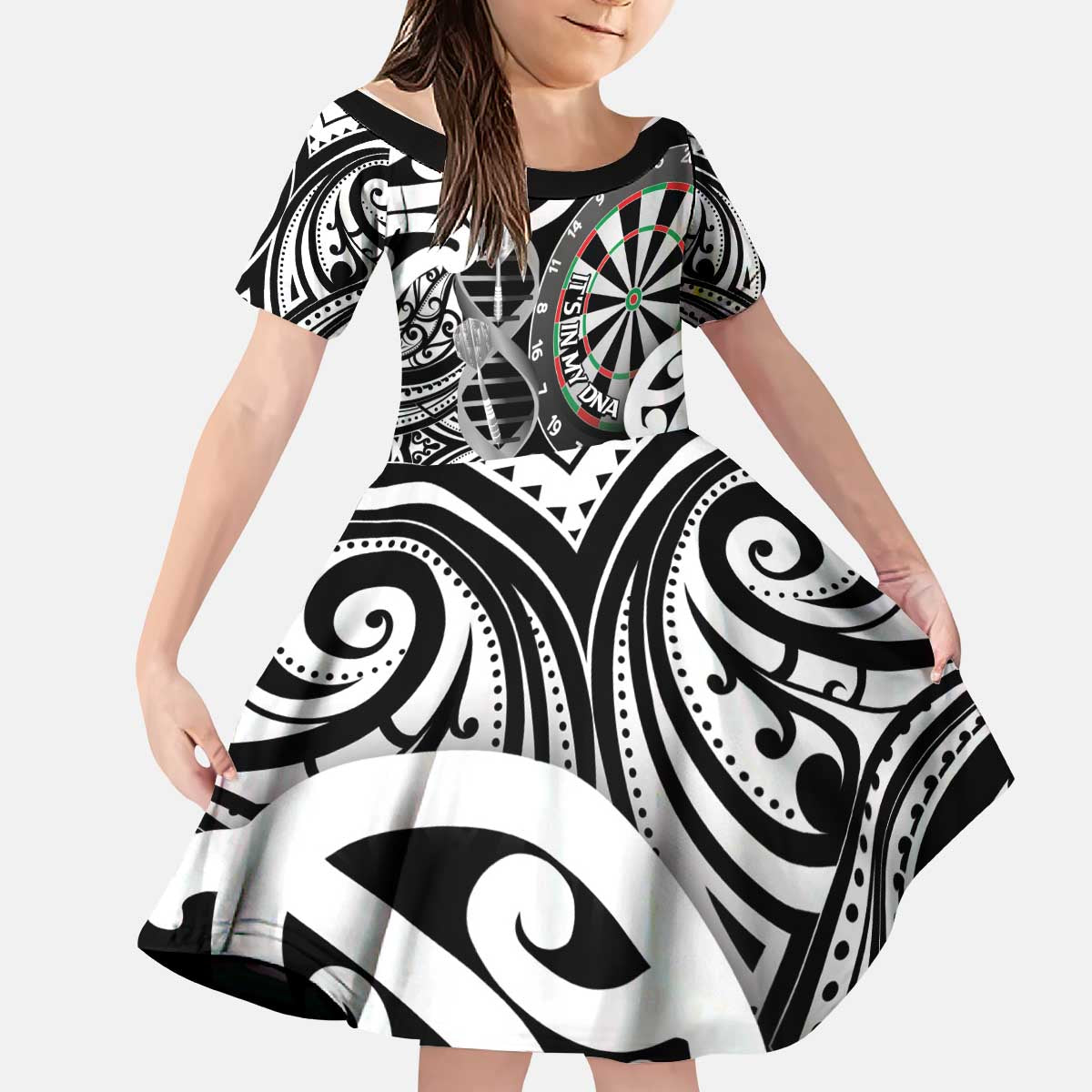 Personalised New Zealand Darts Kid Short Sleeve Dress Aotearoa Maori Its In My DNA Black - Aussie Hoodie