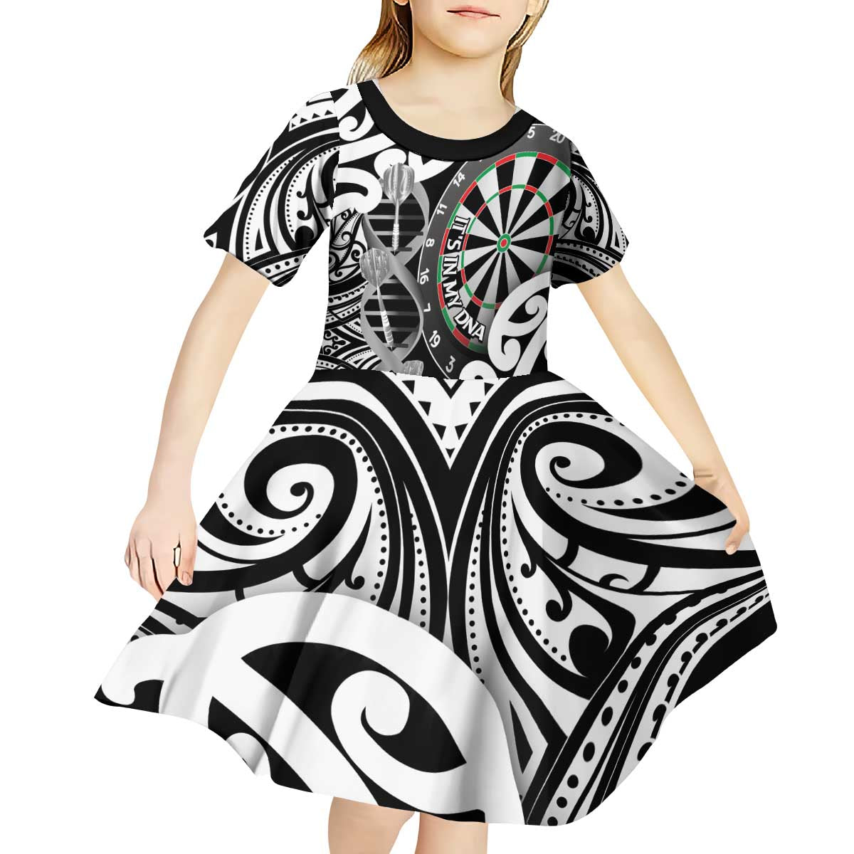Personalised New Zealand Darts Kid Short Sleeve Dress Aotearoa Maori Its In My DNA Black - Aussie Hoodie