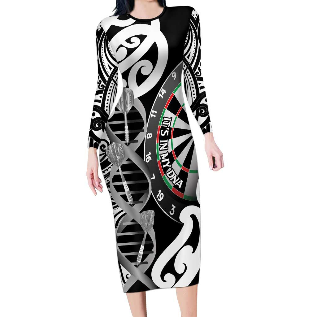 Personalised New Zealand Darts Long Sleeve Bodycon Dress Aotearoa Maori Its In My DNA Black - Aussie Hoodie