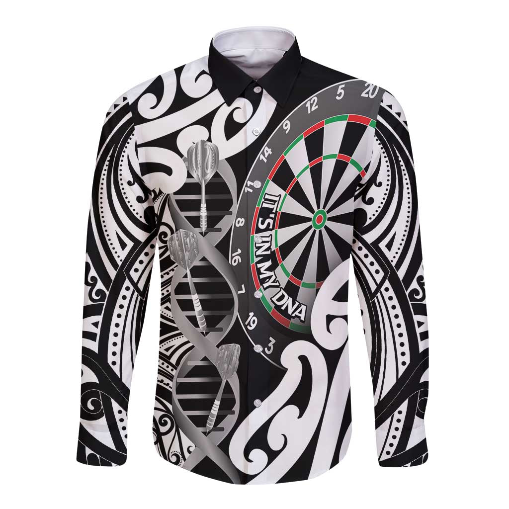Personalised New Zealand Darts Long Sleeve Button Shirt Aotearoa Maori Its In My DNA Black - Aussie Hoodie