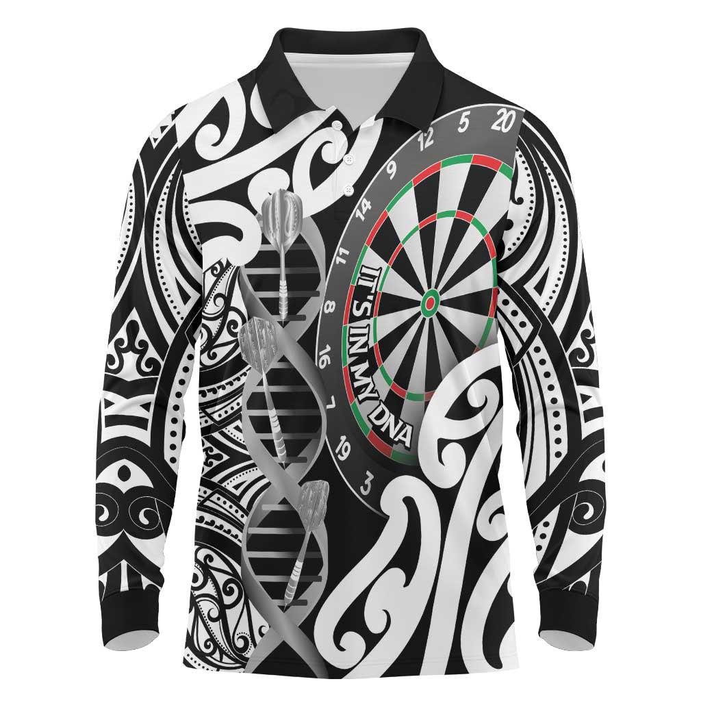 Personalised New Zealand Darts Long Sleeve Polo Shirt Aotearoa Maori Its In My DNA Black - Aussie Hoodie