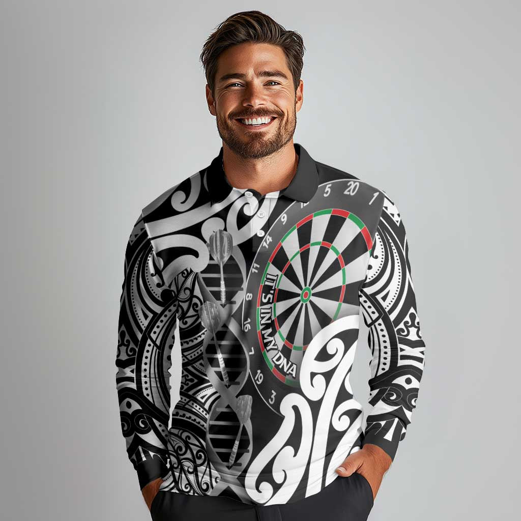 Personalised New Zealand Darts Long Sleeve Polo Shirt Aotearoa Maori Its In My DNA Black - Aussie Hoodie