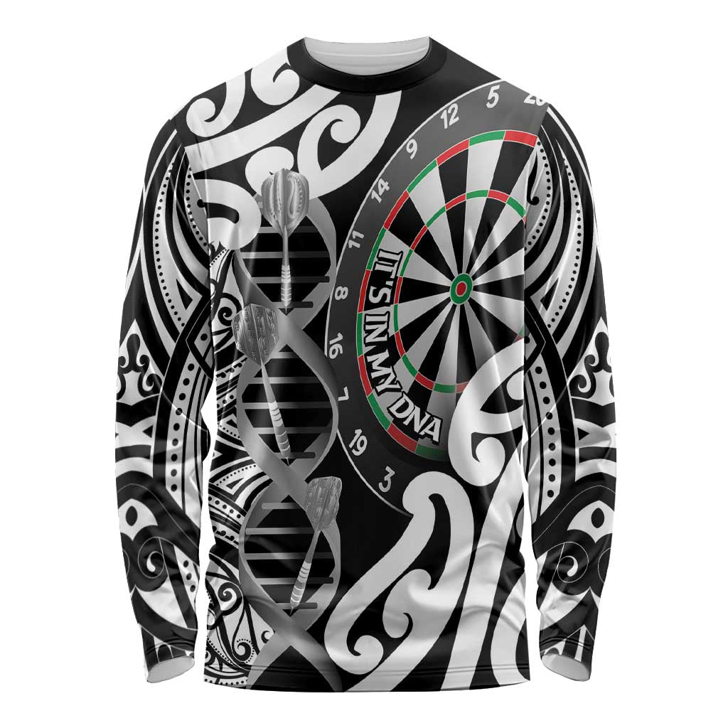 Personalised New Zealand Darts Long Sleeve Shirt Aotearoa Maori Its In My DNA Black - Aussie Hoodie