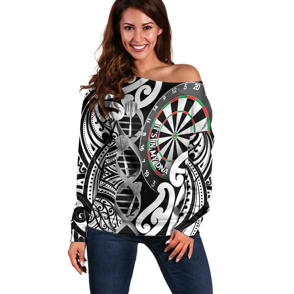 Personalised New Zealand Darts Off Shoulder Sweater Aotearoa Maori Its In My DNA Black - Aussie Hoodie