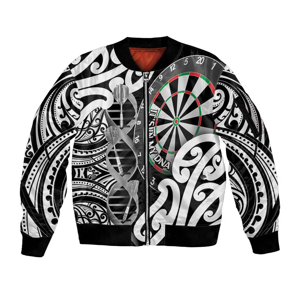 Personalised New Zealand Darts Sleeve Zip Bomber Jacket Aotearoa Maori Its In My DNA Black - Aussie Hoodie