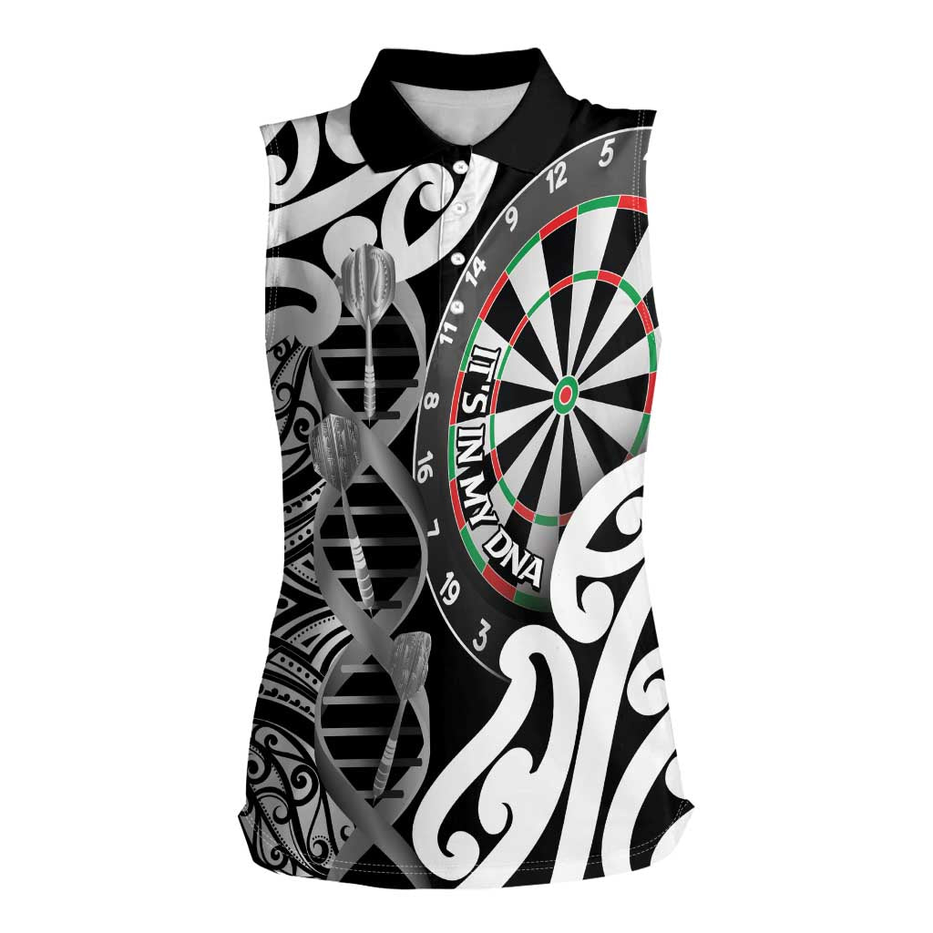 Personalised New Zealand Darts Women Sleeveless Polo Shirt Aotearoa Maori Its In My DNA Black - Aussie Hoodie