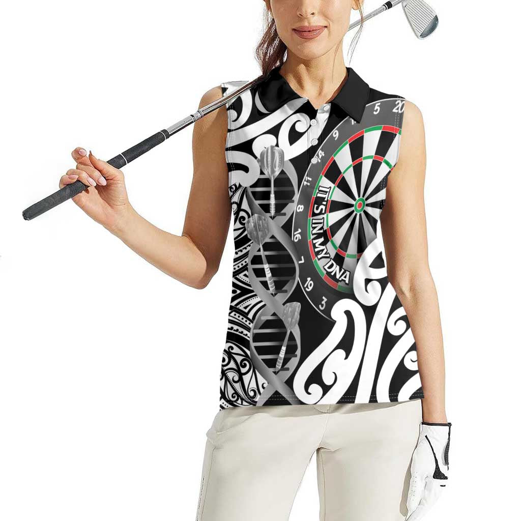 Personalised New Zealand Darts Women Sleeveless Polo Shirt Aotearoa Maori Its In My DNA Black - Aussie Hoodie