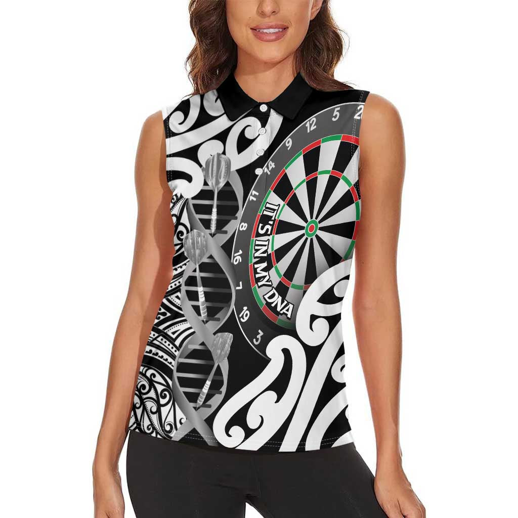Personalised New Zealand Darts Women Sleeveless Polo Shirt Aotearoa Maori Its In My DNA Black - Aussie Hoodie