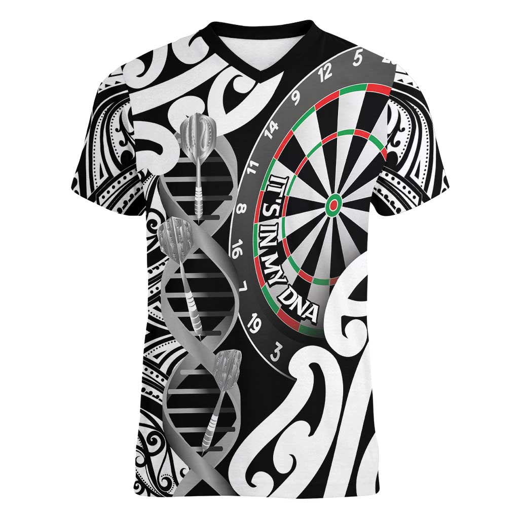 Personalised New Zealand Darts Women V-Neck T-Shirt Aotearoa Maori Its In My DNA Black - Aussie Hoodie