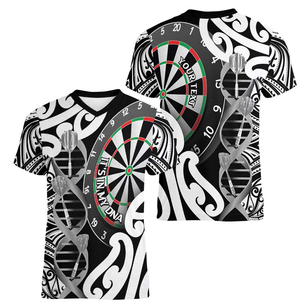 Personalised New Zealand Darts Women V-Neck T-Shirt Aotearoa Maori Its In My DNA Black - Aussie Hoodie