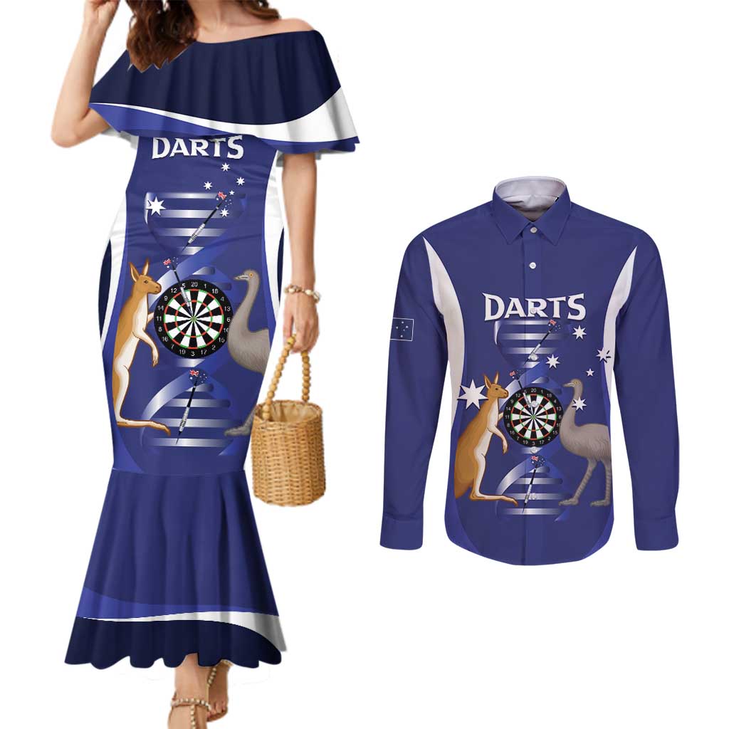 Personalised Australia Darts Couples Matching Mermaid Dress and Long Sleeve Button Shirt Aussie Its In My DNA Flag Color - Aussie Hoodie