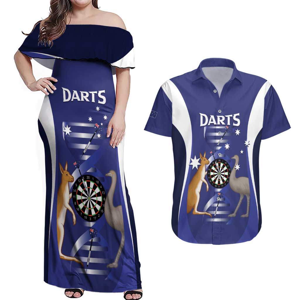 Personalised Australia Darts Couples Matching Off Shoulder Maxi Dress and Hawaiian Shirt Aussie Its In My DNA Flag Color - Aussie Hoodie